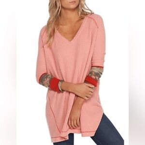 Free People Pink V-Neck Top with Red Accents